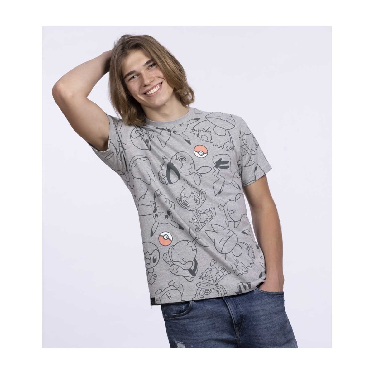 Sinnoh Friends Heather Gray Allover-Print Relaxed Fit Crew Neck T