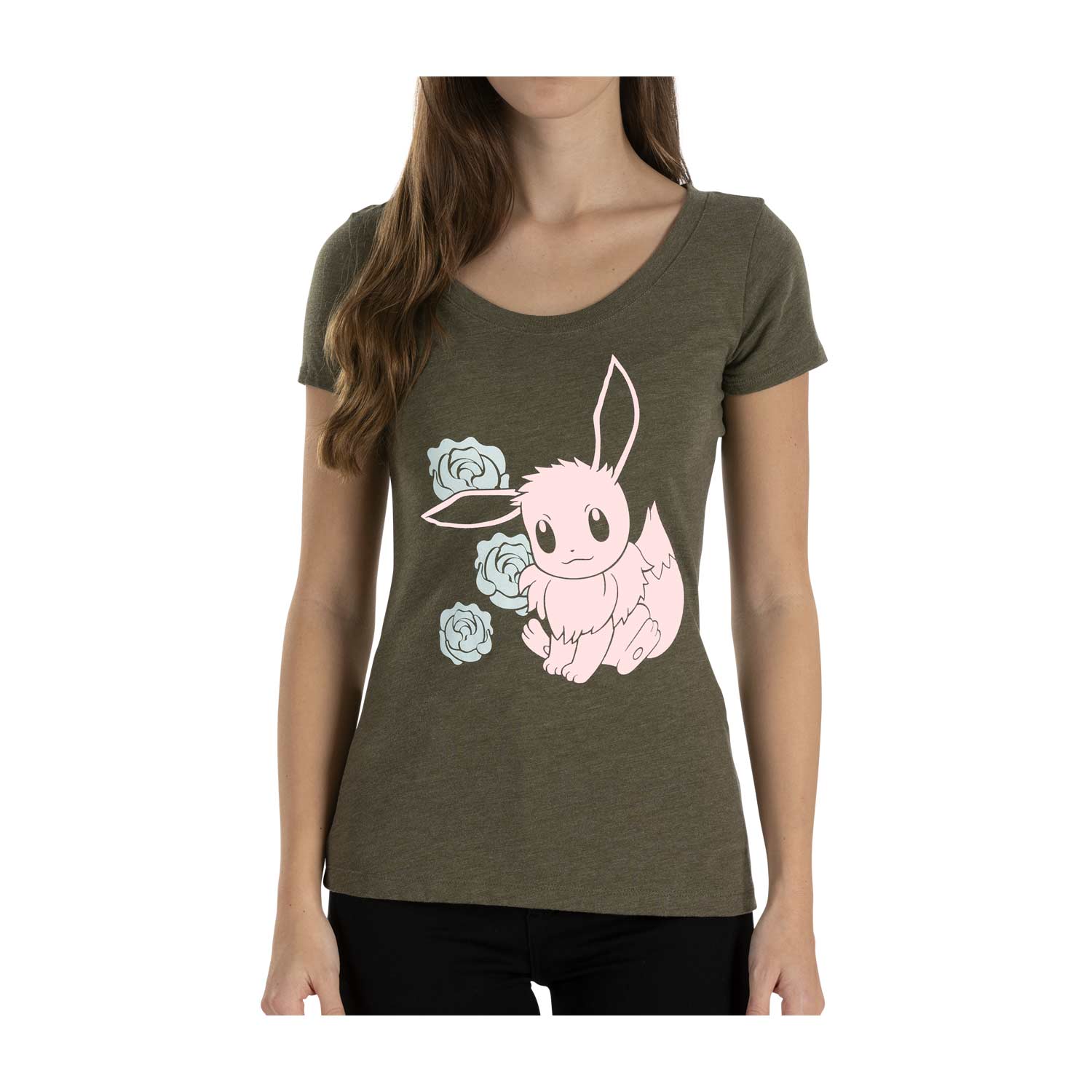 Relax With Eevee Military Green Fitted Scoop Neck T Shirt Women Pokemon Center Official Site